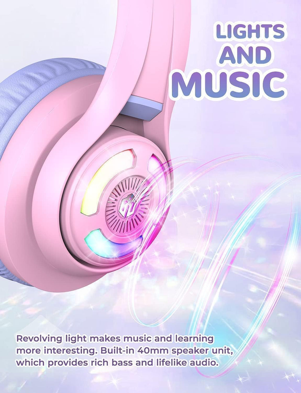 iClever Cat Ear Kids Bluetooth Headphones, LED Lights Up, 74/85dBA Safe Volume Limited, 50H Playtime,Bluetooth 5.2, USB C,Kids Headphones Wireless Over Ear for Travel iPad Tablet, Meow Macaron-Purple