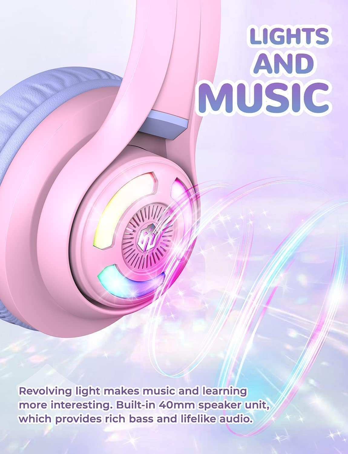 iClever Cat Ear Kids Bluetooth Headphones, LED Lights Up, 74/85dBA Safe Volume Limited, 50H Playtime,Bluetooth 5.2, USB C,Kids Headphones Wireless Over Ear for Travel iPad Tablet, Meow Macaron-Purple