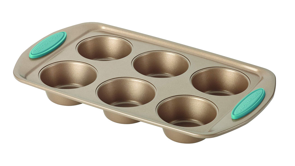 Rachael Ray Cucina Bakeware Set Includes Nonstick Cake Cookie Baking Sheet and Muffin Cupcake Pan, 4 Piece, Latte Brown with Agave Blue Grips