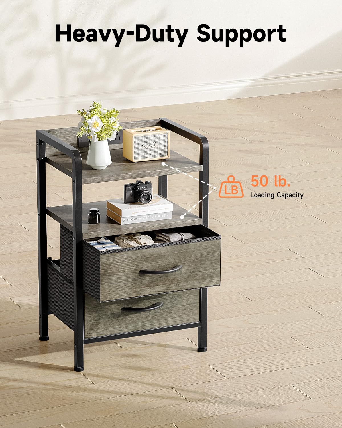 Lazzanto Night Stand Bedside Charger Bedroom - Nightstand with Charging Station & LED Light Strip, Night Stand with Storage Shelf & 2 Fabric Drawers, Morden End Table with U-S-B Ports & AC Outlets