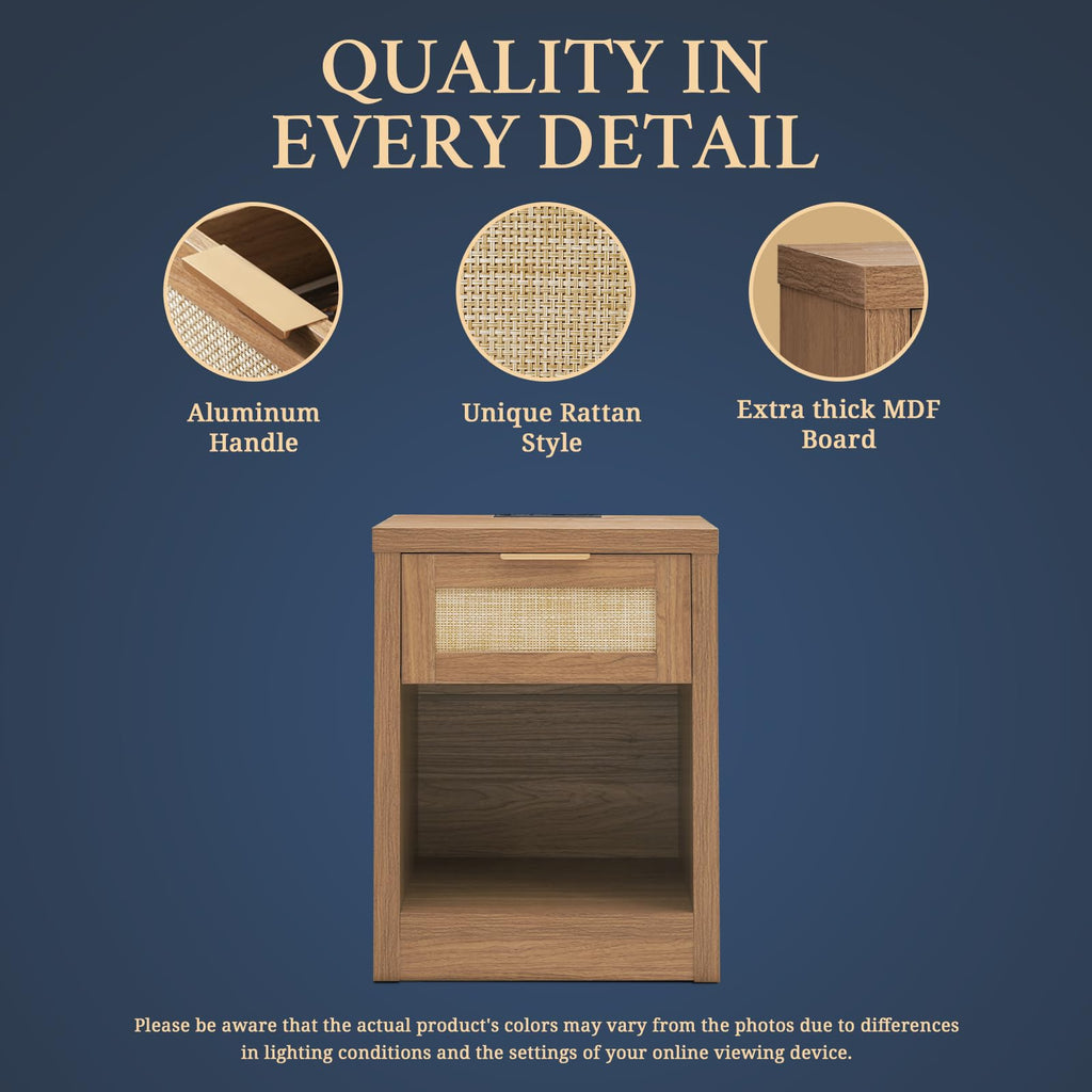 OAKHAM HOME Nightstand Set of 2 Farmhouse Bedside Tables with Drawer and Storage Shelf Modern Boho End Side Tables for Bedroom Sofa, Light Oak