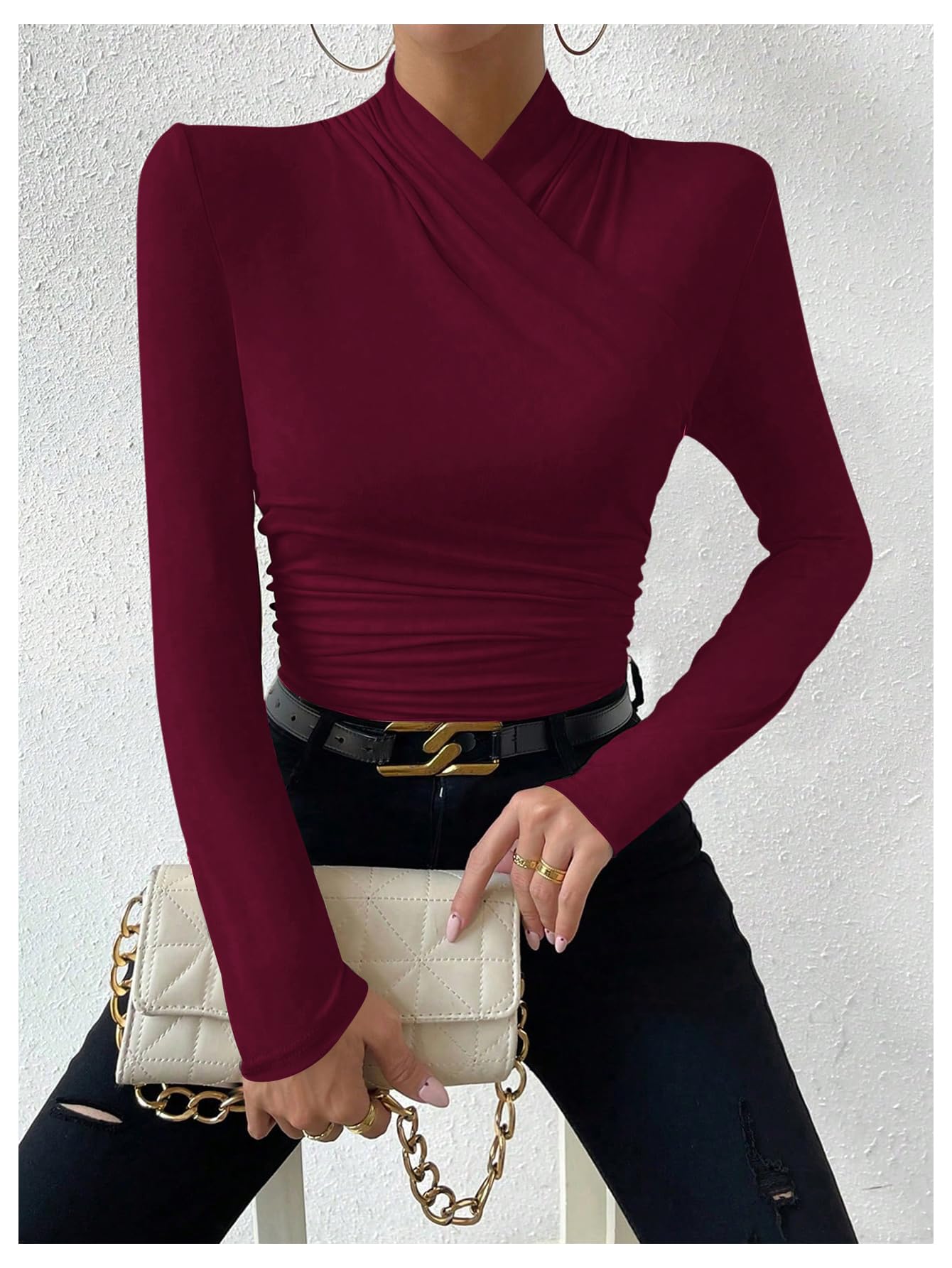 SweatyRocks Women's Ruched Mock Neck Long Sleeve T Shirt Solid Slim Fitted Tee Tops