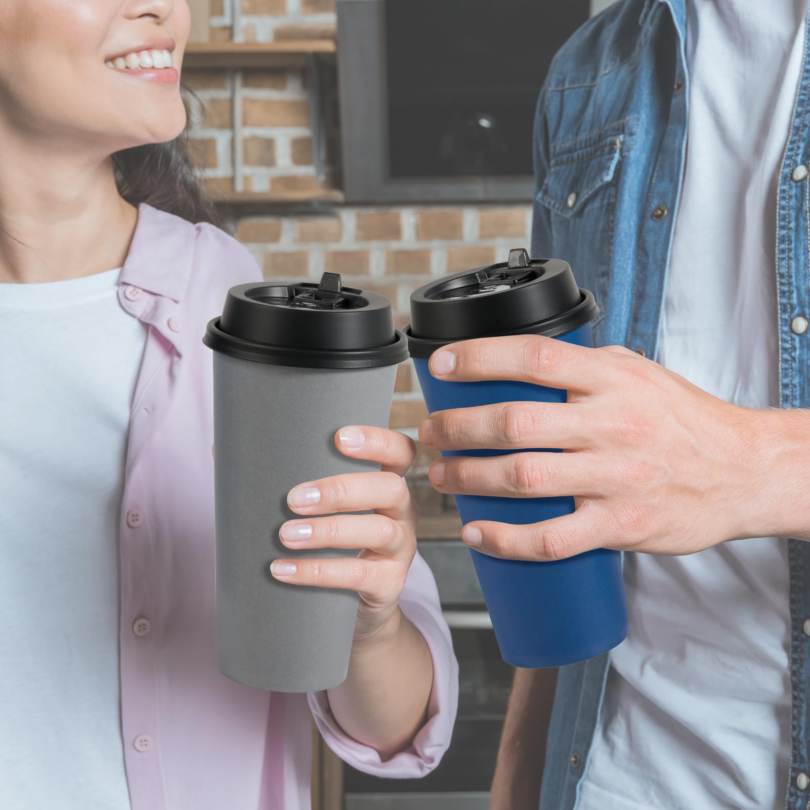 LITOPAK 100 Pack 10 oz Disposable Paper Coffee Cups with Lids for Coffee, Water, Juice, or Tea, Blue and Gray Hot Paper Cups for Home, Restaurant, Store, and Cafe