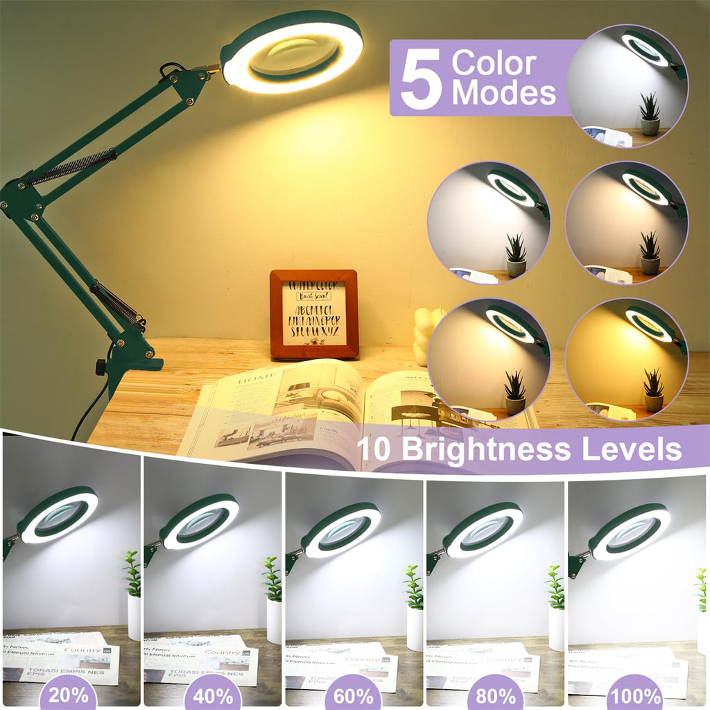 12X Magnifying Glass with Light and Stand, Real Glass, 5 Color Modes, Brightness Stepless Dimmable Lighted Magnifier Hands Free, 2-in-1 Desk Lamp & Clamp Light, Magnifier Lamp for Close Work, Reading