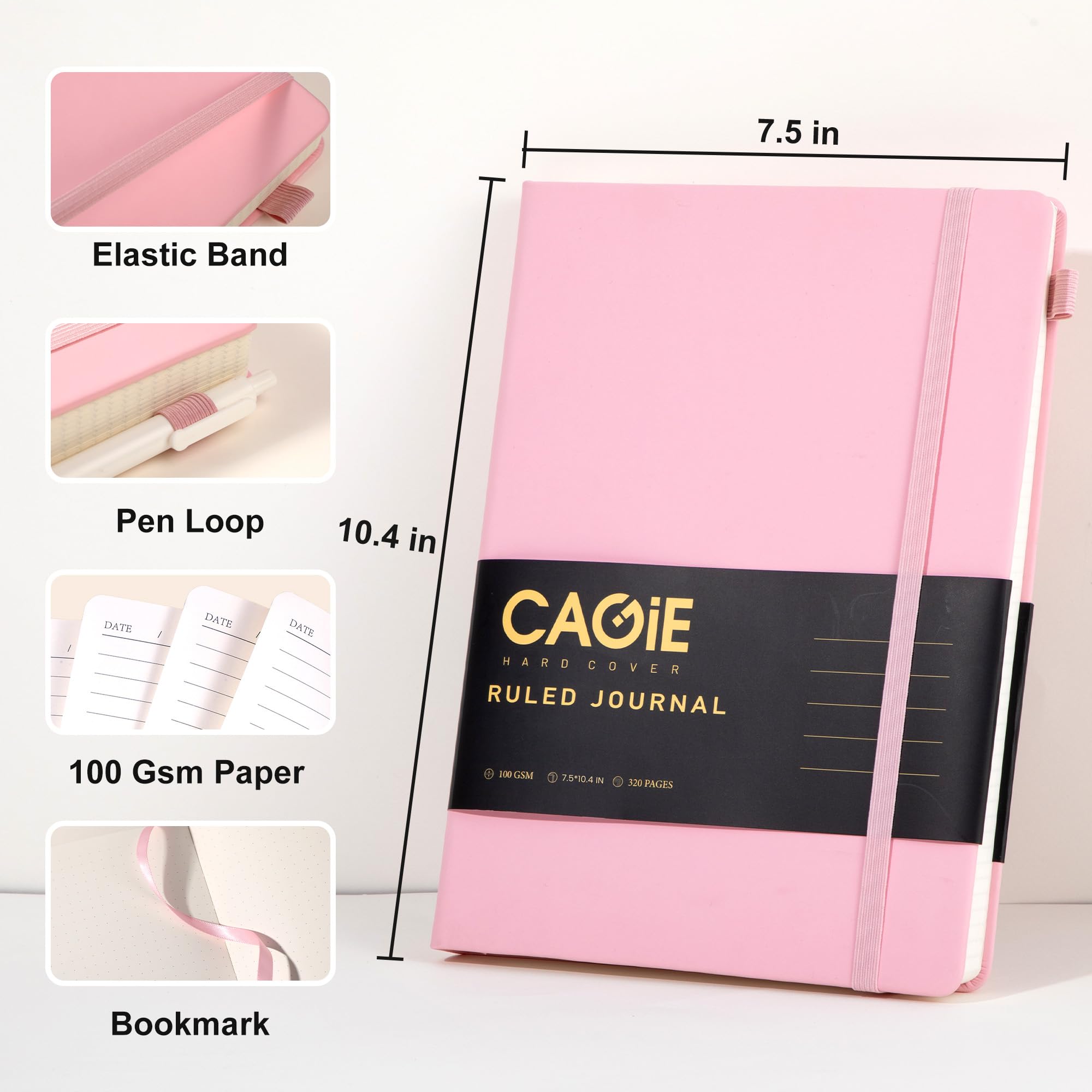 CAGIE Bullet Dotted Journal Notebook 320 Pages 100 GSM Paper Hardcover A5 Dot Grid Notebook Leather Journals for Writing Women Men Work Journaling, Black