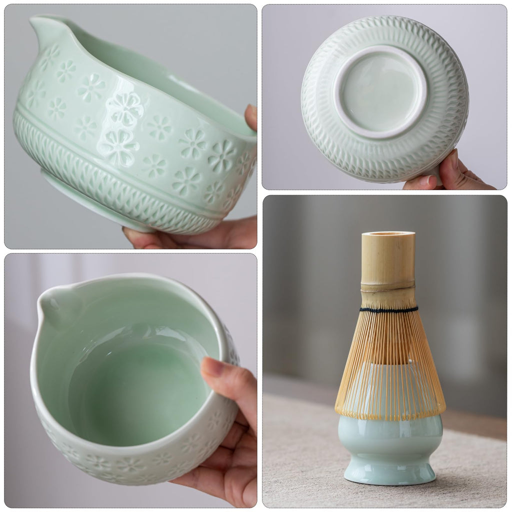 Buucup Matcha Whisk Set, Ceramic Matcha Kit Includes Matcha Bowl, Matcha Whisk and Holder, Bamboo Scoop, Scoop Rest, Sifter and Tea Towel - 7 Pcs Matcha Kit for Matcha Lovers (Blue)