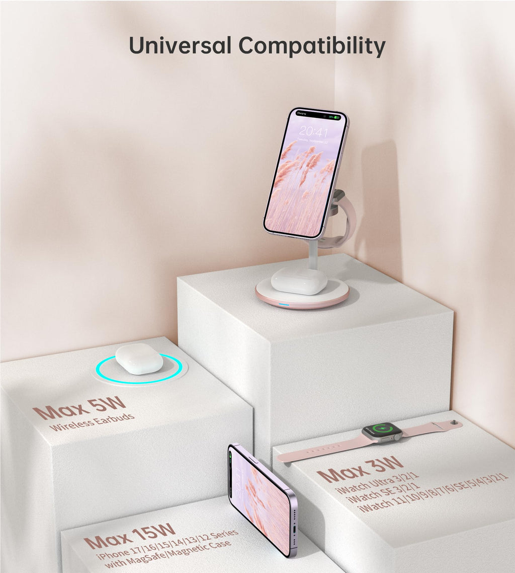 XooFly 3 in 1 Wireless Charging Station for Apple Devices, Fast Wireless Mag-Safe Charger Stand with 20W Adapter for iPhone 17/16 15 14 13 12 Pro Max/Pro/Plus/Air/Mini, iWatch, AirPods (Black)