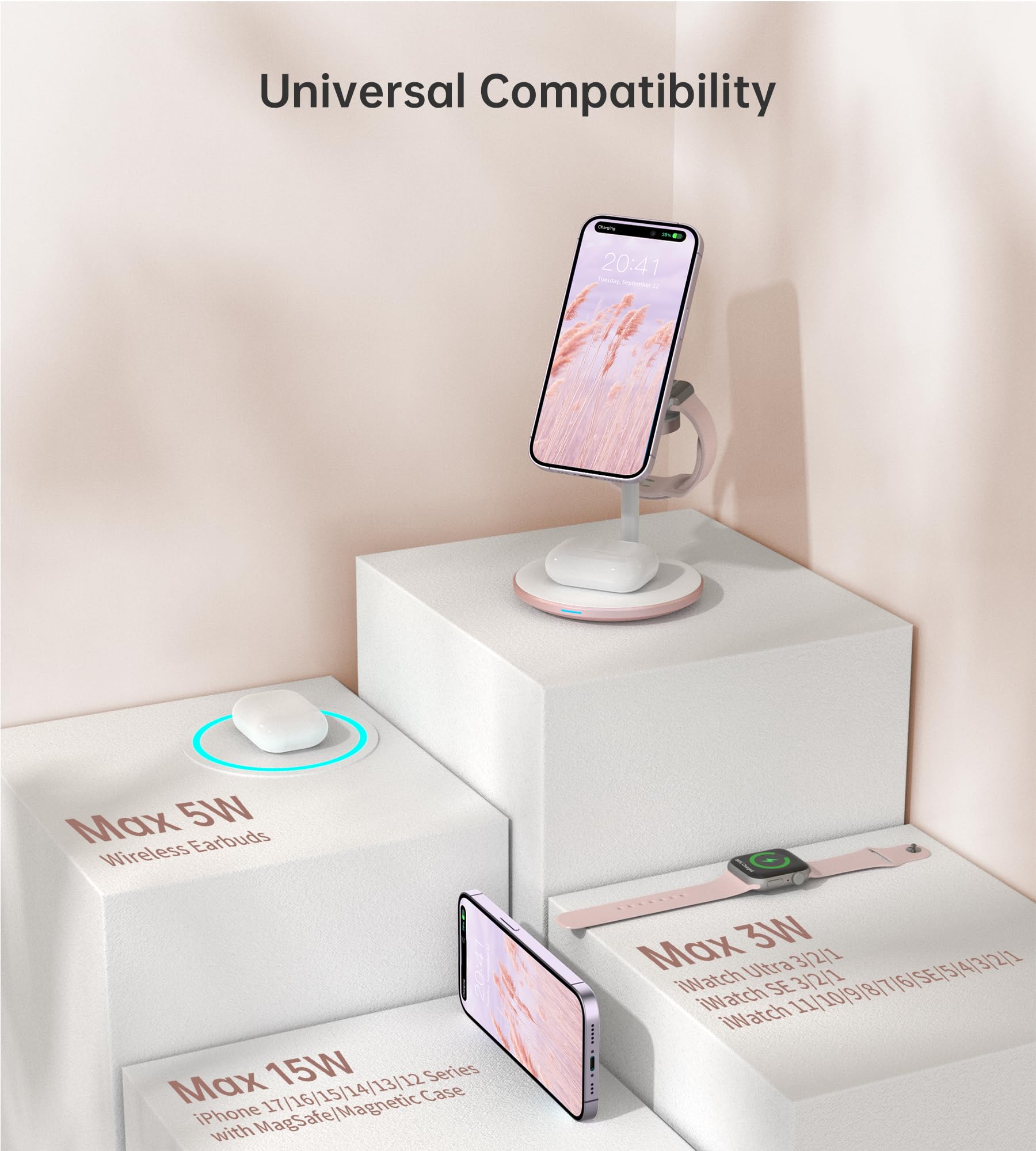 XooFly 3 in 1 Wireless Charging Station for Apple Devices, Fast Wireless Mag-Safe Charger Stand with 20W Adapter for iPhone 17/16 15 14 13 12 Pro Max/Pro/Plus/Air/Mini, iWatch, AirPods (Black)