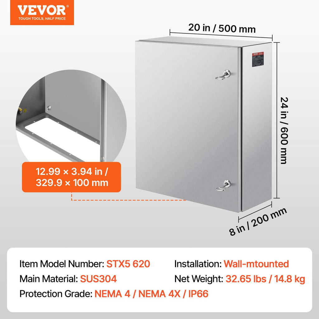 Steel Electrical Box 12" x 12" x 8" Electrical Enclosure Box 304 Stainless Steel Electronic Equipment Enclosure Box IP65 Weatherproof Wall-Mounted Metal Electrical Enclosure with Mounting Plate