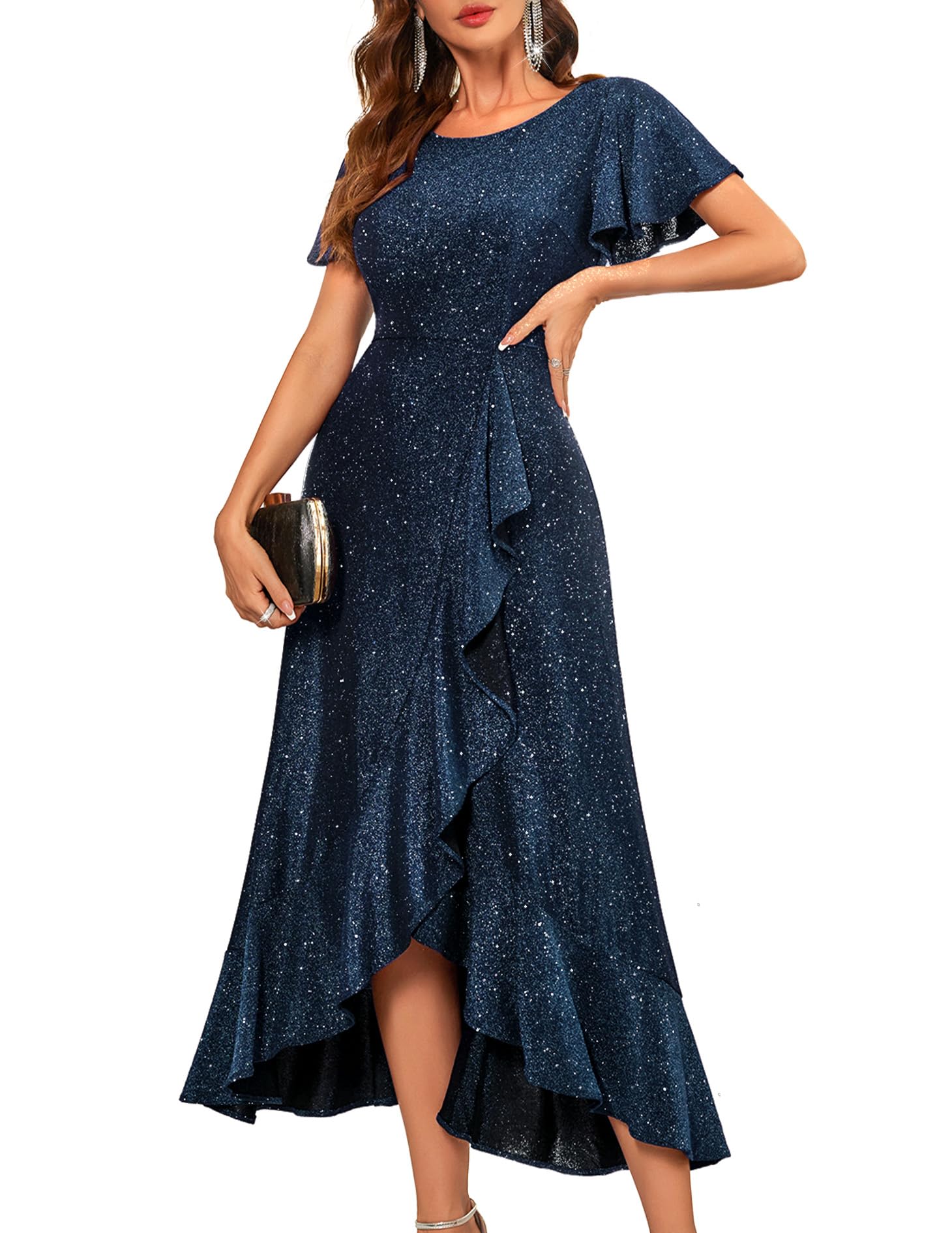 BeryLove Women Sequin Formal Party Dress Flutter Short Sleeve Wedding Cocktail Long Evening Dress