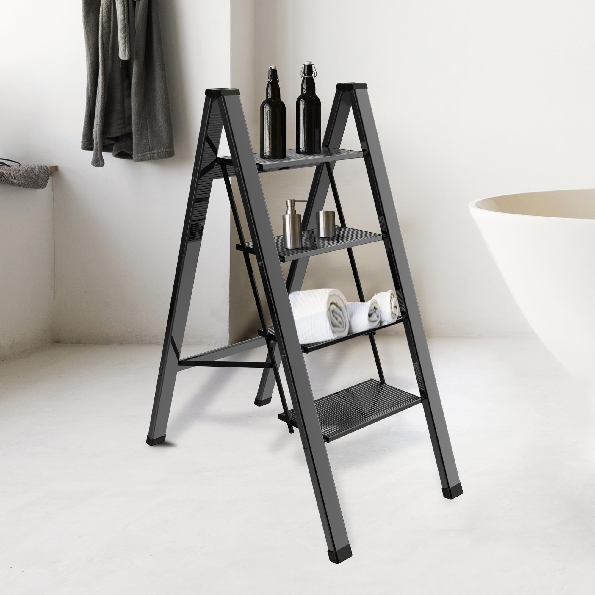 2 Step Lightweight Folding Ladder for Home, 330lbs Aluminum Step Ladder Anti-Slip for Kitchen, Step Stool Foldable Adults for Closet, 330lbs - Black