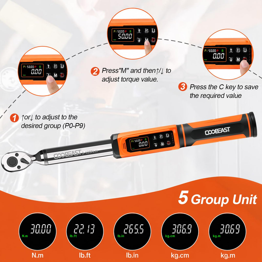 Digital Torque Wrench, 1/2 Drive Electronic Torque Screwdriver with Preset Value(3.76-250.8 Ft.lbs./5.1-340Nm), Buzzer and LED Flash Five Units of Measure Torque Wrench for Motorcycle, Auto Repair