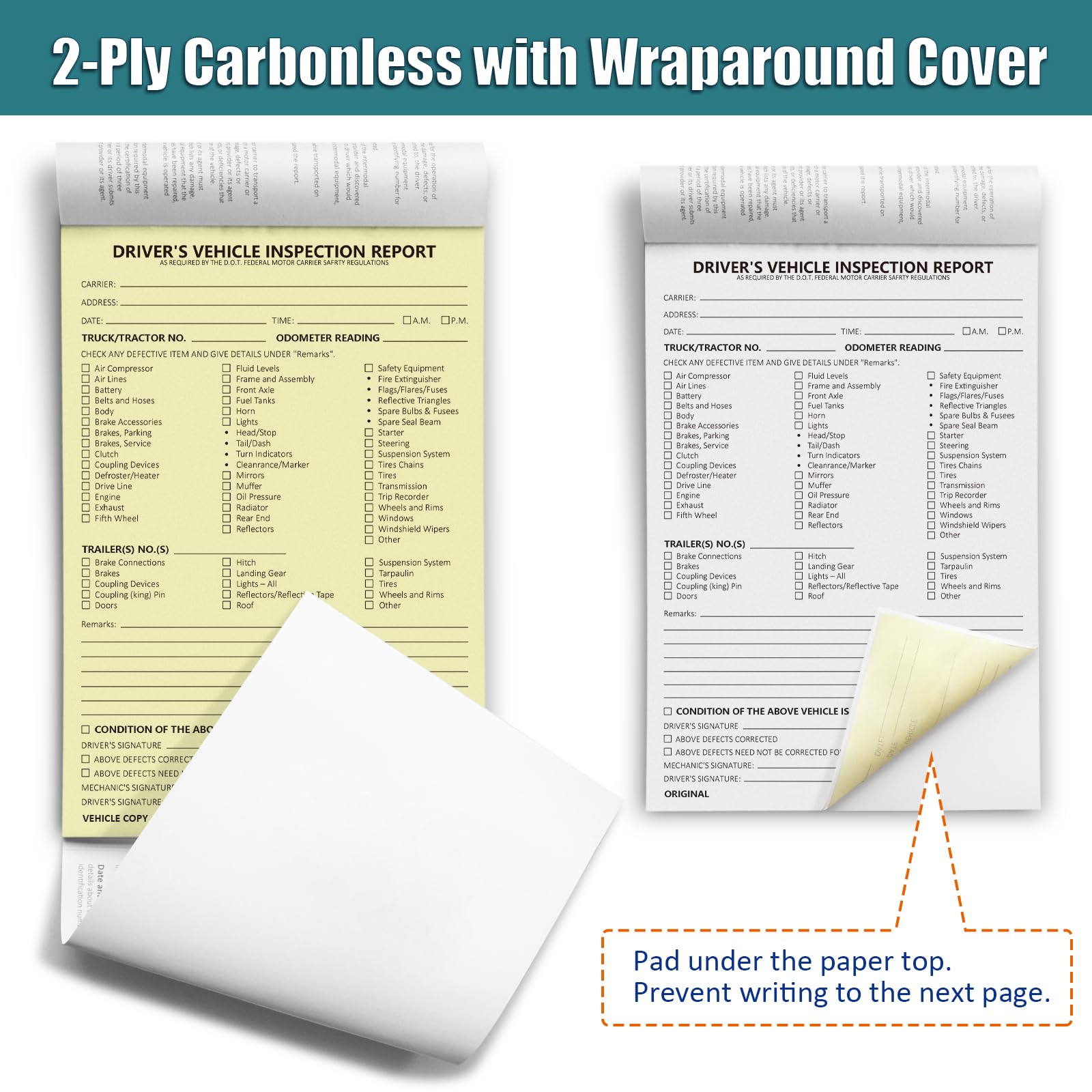 Detailed Driver's Vehicle Inspection Report, Daily Pre Trip Inspection Book for Trucker, 2-Ply Carbonless, 35 Sets of Forms per DVIR Log Book for Truck Drivers, 8.5" x 5.5", 1 Pack
