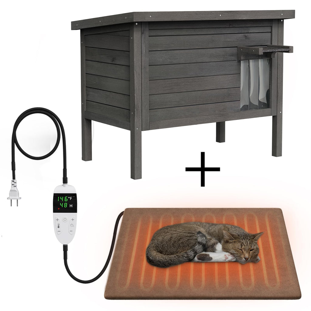 GDLF Outdoor Cat House Feral Cat Enclosure 100% Insulated All-Round Foam Weatherproof Solid Wood Large Size for Multiple Felines 34.5" L*21.5" W*27.2" H