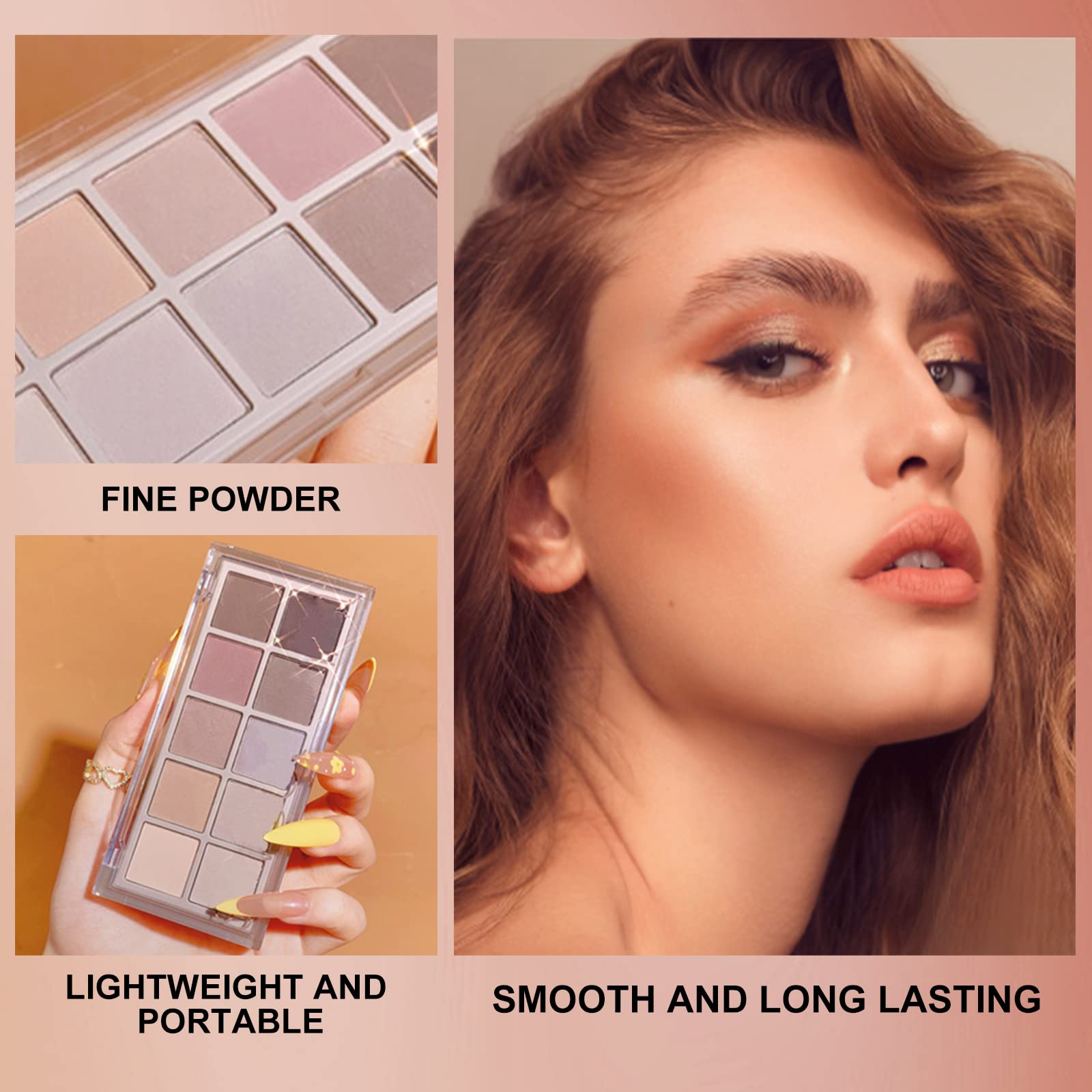 Erinde 10 Colors Eyeshadow Palette Makeup - Matte Shimmer Glitter Eye Shadow Korean Makeup, Ultra-Blendable, High Pigmented, Natural-Looking, Peach Brown Eyeshadow Pallet with Brush, Peach Color