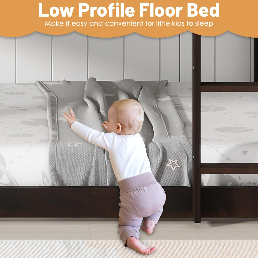 Bunk Bed Twin Over Twin, Wood Low Profile Floor Twin Bunk Beds with Headboard Ladder Guardrails for Kids Boys and Girls, No Box Spring Needed