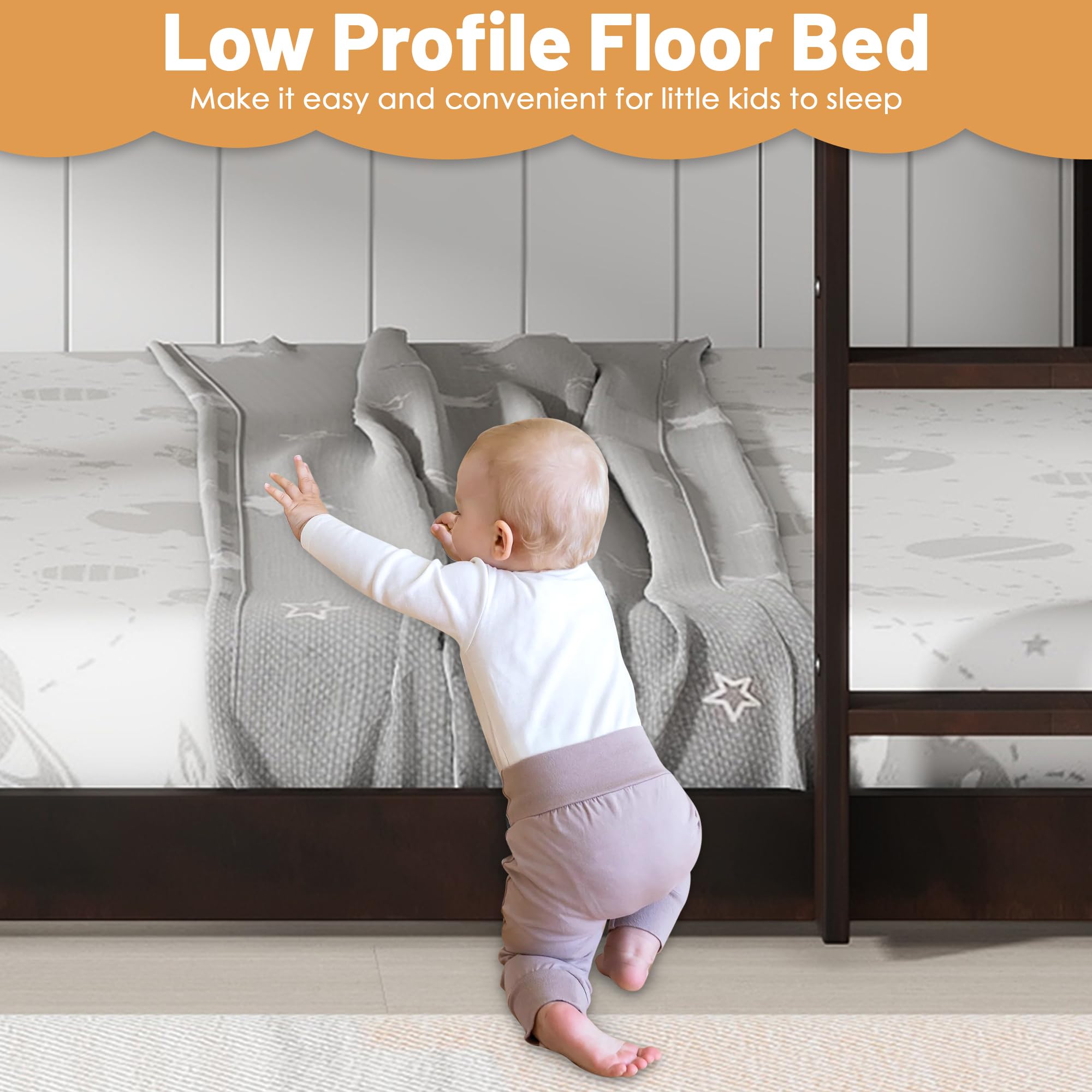 Bunk Bed Twin Over Twin, Wood Low Profile Floor Twin Bunk Beds with Headboard Ladder Guardrails for Kids Boys and Girls, No Box Spring Needed