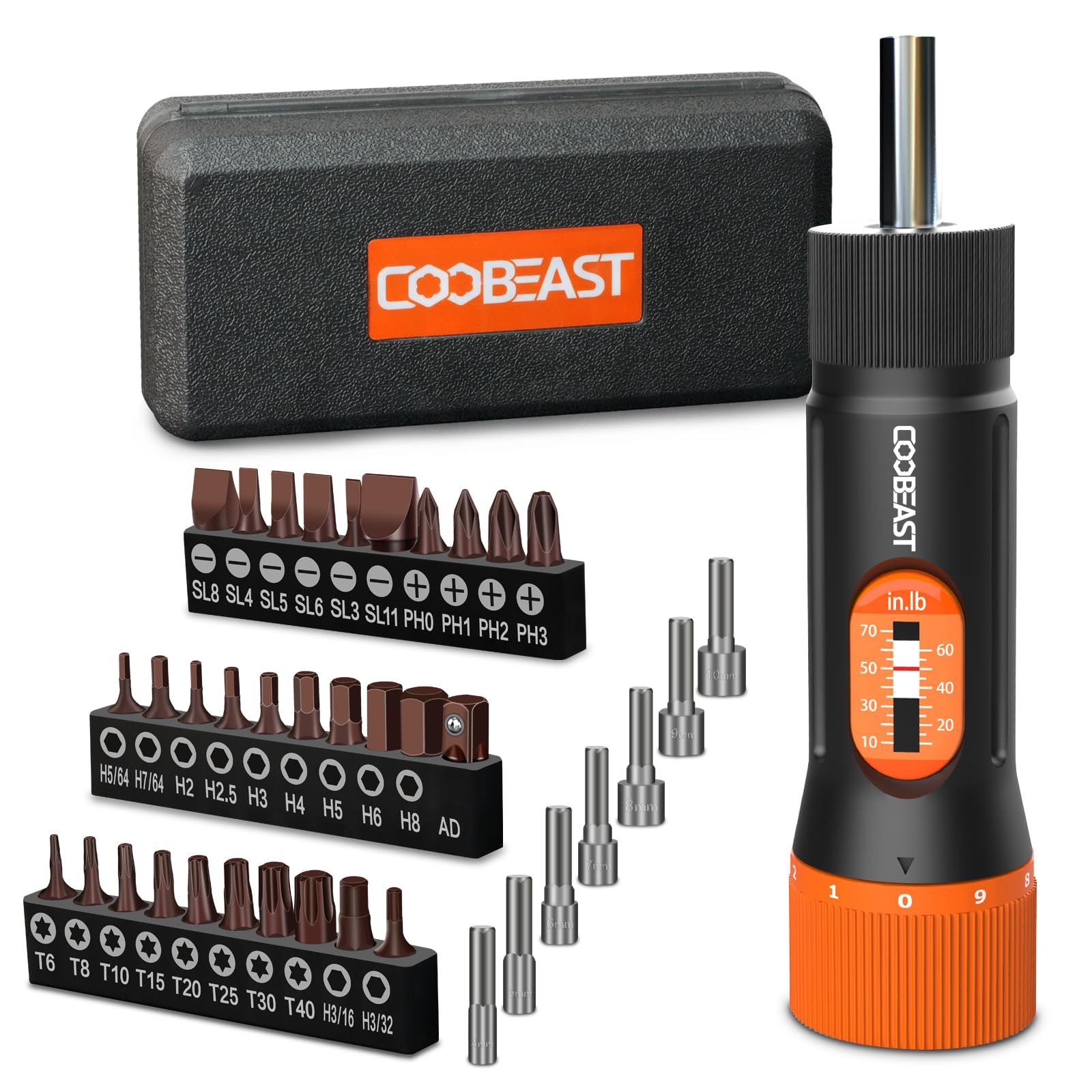 coobeast 13Pcs Preset Torque Screwdriver with S2 Bits, 1/4” Drive Torque Wrench Screwdriver Set for Maintenance, Tools, Bike Repairing and Mounting, Inch Pound Torque Range 10-70 In-lb