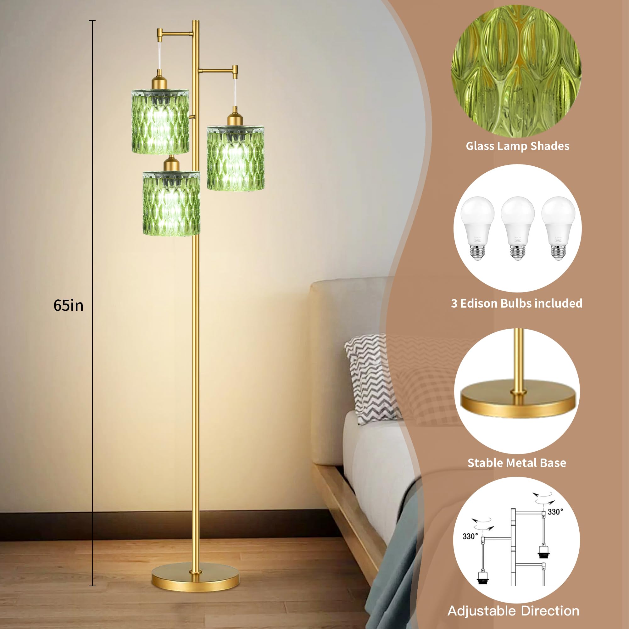 AHDWDW Gold Floor Lamp for Living Room Bedroom,Modern Floor Lamps with Unique Amber Glass Shades,68IN Mid Century Tall Flower Standing Lamp,Vintage 3 Lights Tree Floor Lamp for Corner Office Reading