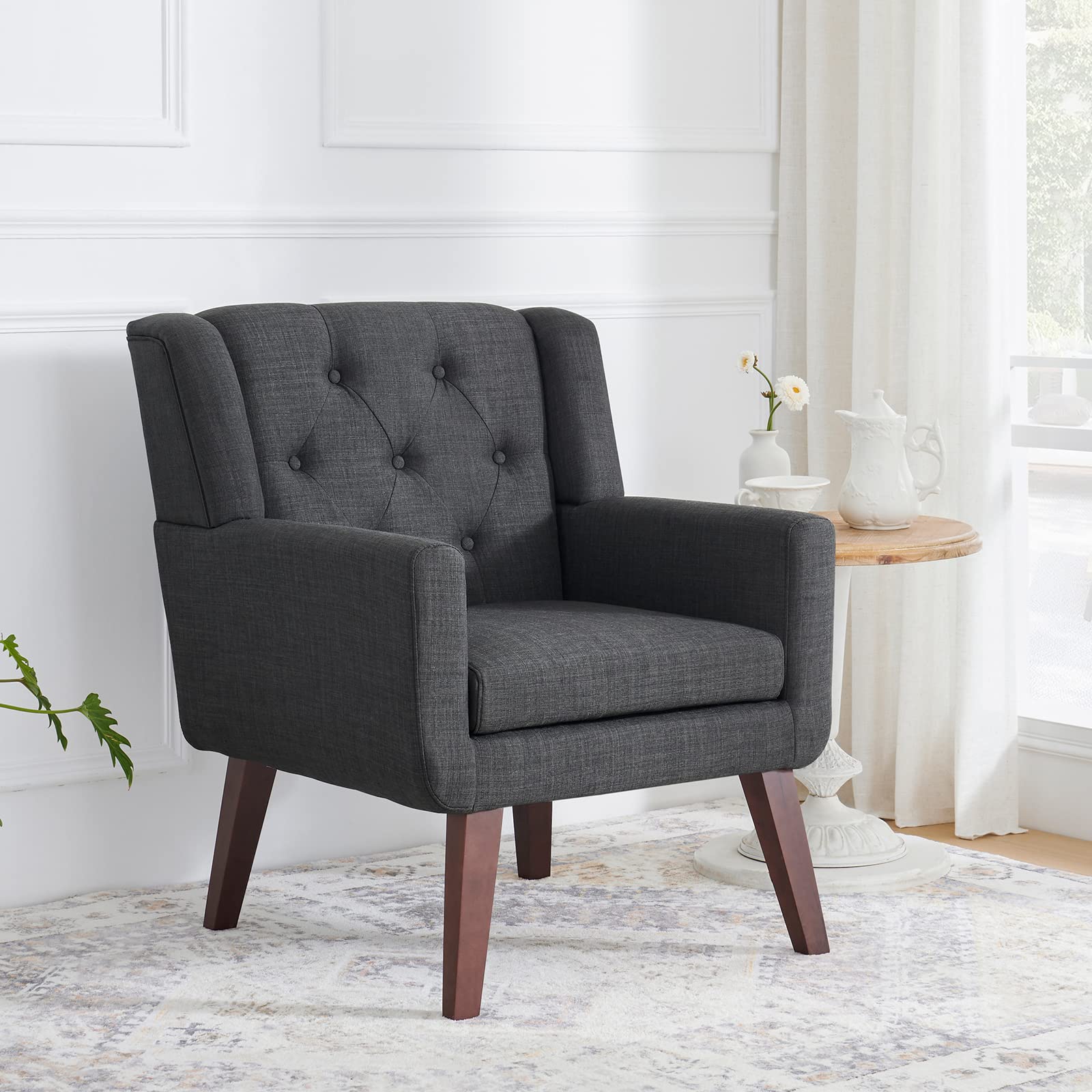 Living&Giving Accent Chair Button-Tufted Upholstered Living Room Chairs Comfy Reading Mid Century Modern with Linen Fabric Lounge Arm for Bedroom (Beige) 29.33D x 28.94W x 34.65H Inch
