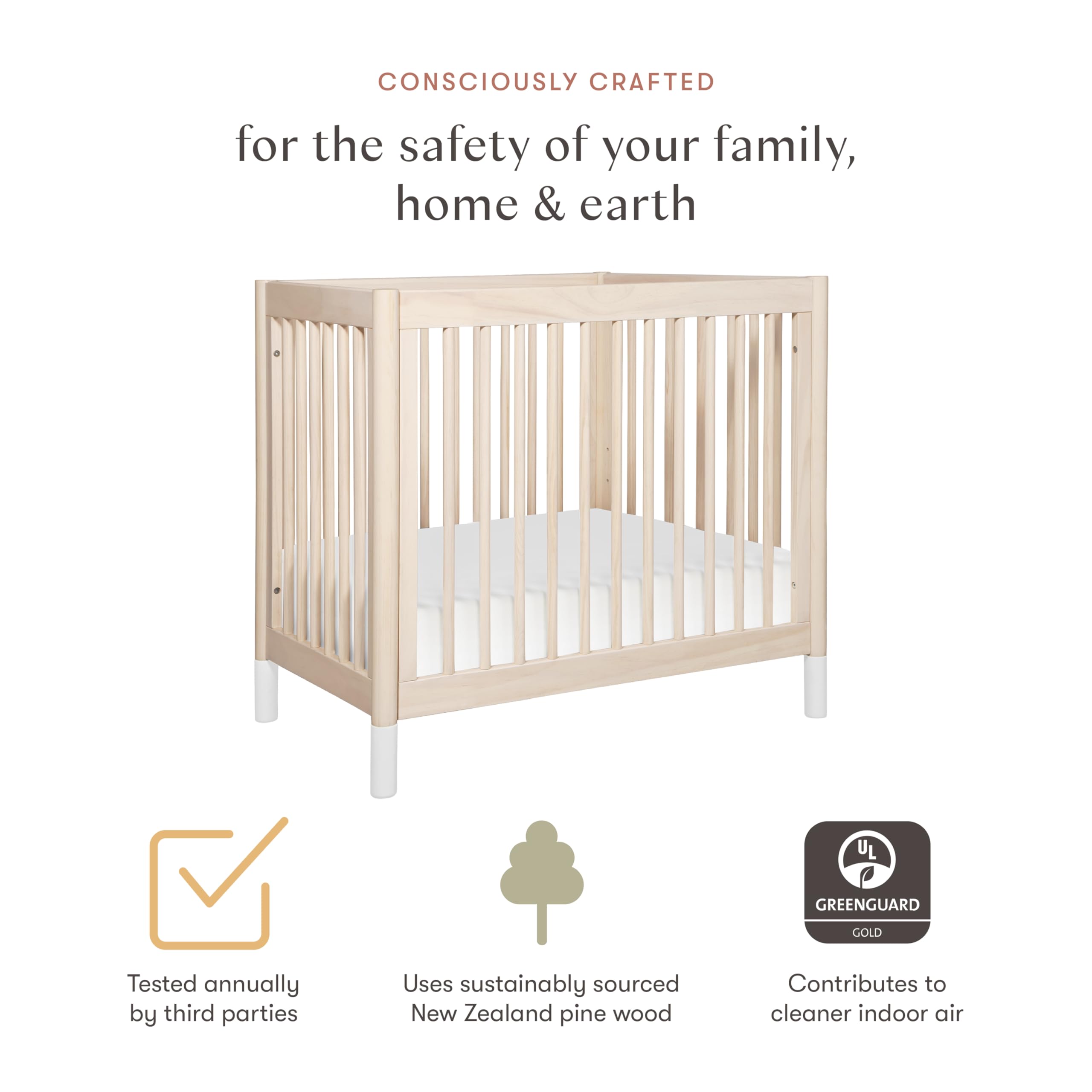 Babyletto Gelato 4-in-1 Convertible Mini Crib with Toddler Bed Conversion in Honey with Vegan Tan Leather Feet, Greenguard Gold Certified