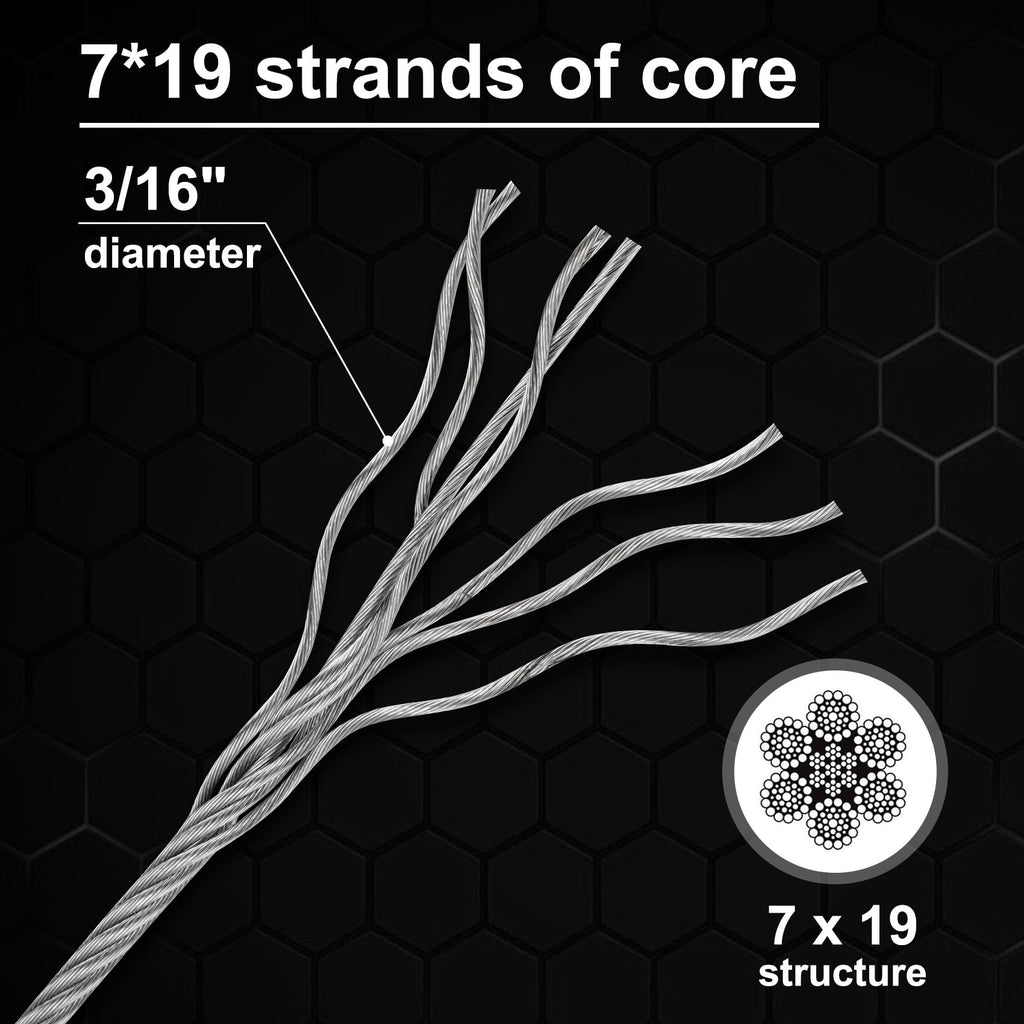 Thickened 3/16" 25ft Stainless Steel Cable with Wire Rope Clip, Thimble and Aluminum Crimping Loop Sleeve, 7X19 Strands Aircraft Cable, 3700lbs Breaking Strength for Deck Railing, String Lights