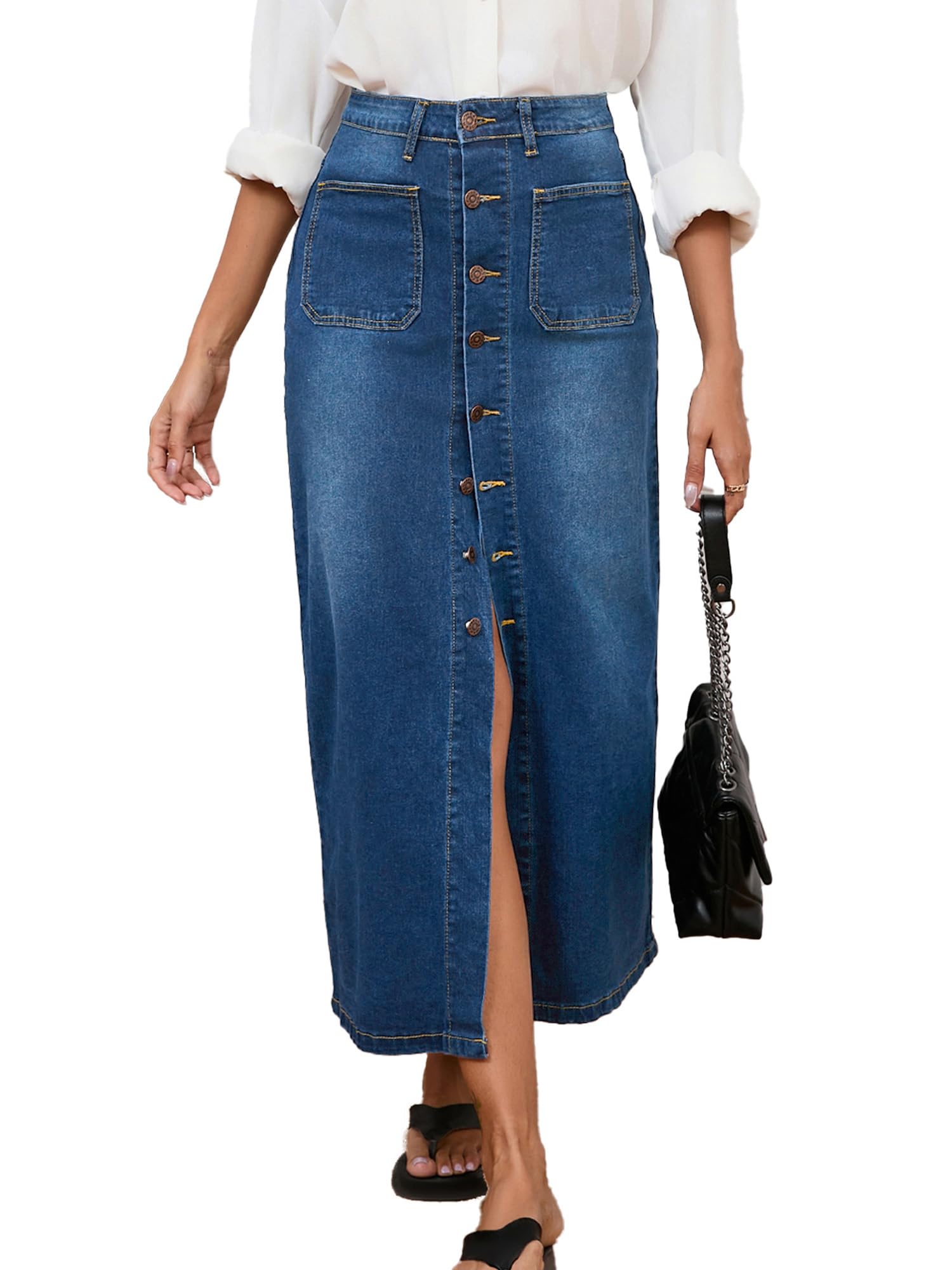 Jean Skirt for Women Denim Skirt High Waist Stretch Midi Denim Skirts with Pockets