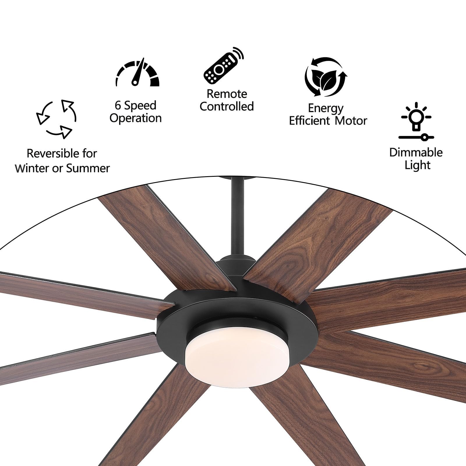 WINGBO 60" Ceiling Fan with Light and Remote Control, 6 Speed Reversible DC Motor, Dimmable LED Light, for Home and Commercial Use, Living Room/Shop/Warehouse Black/Walnut