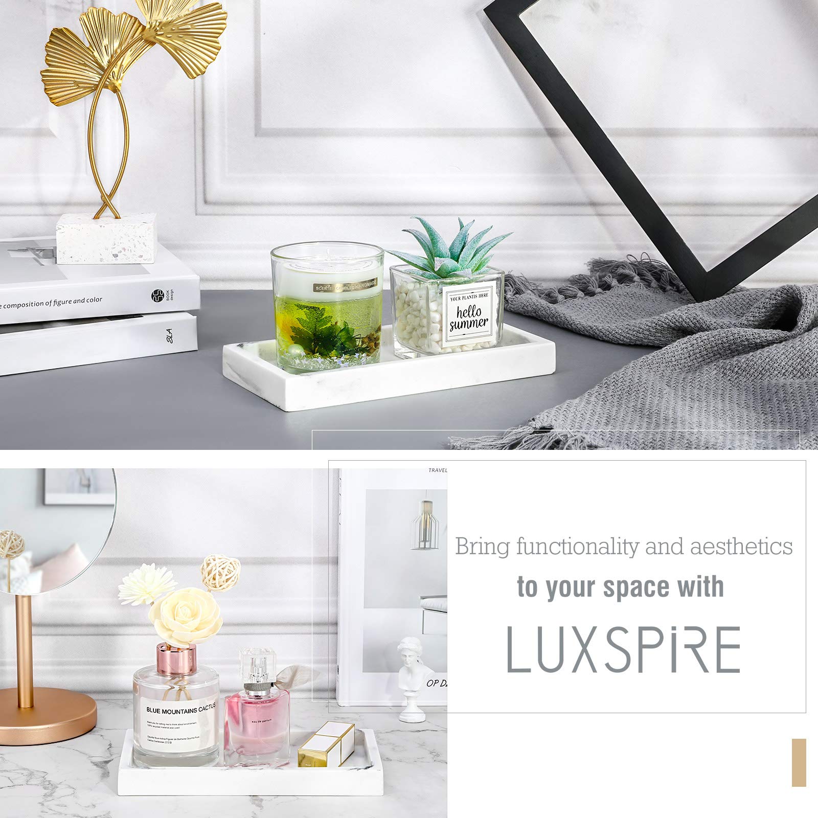 Luxspire Bathroom Vanity Tray, Resin Dresser Jewelry Ring Dish Tank Storage Kitchen Sink Countertop Organizer Plate Holder for Perfume Candles Soap Towel Plant Bathroom Accessories, M, Matte Black