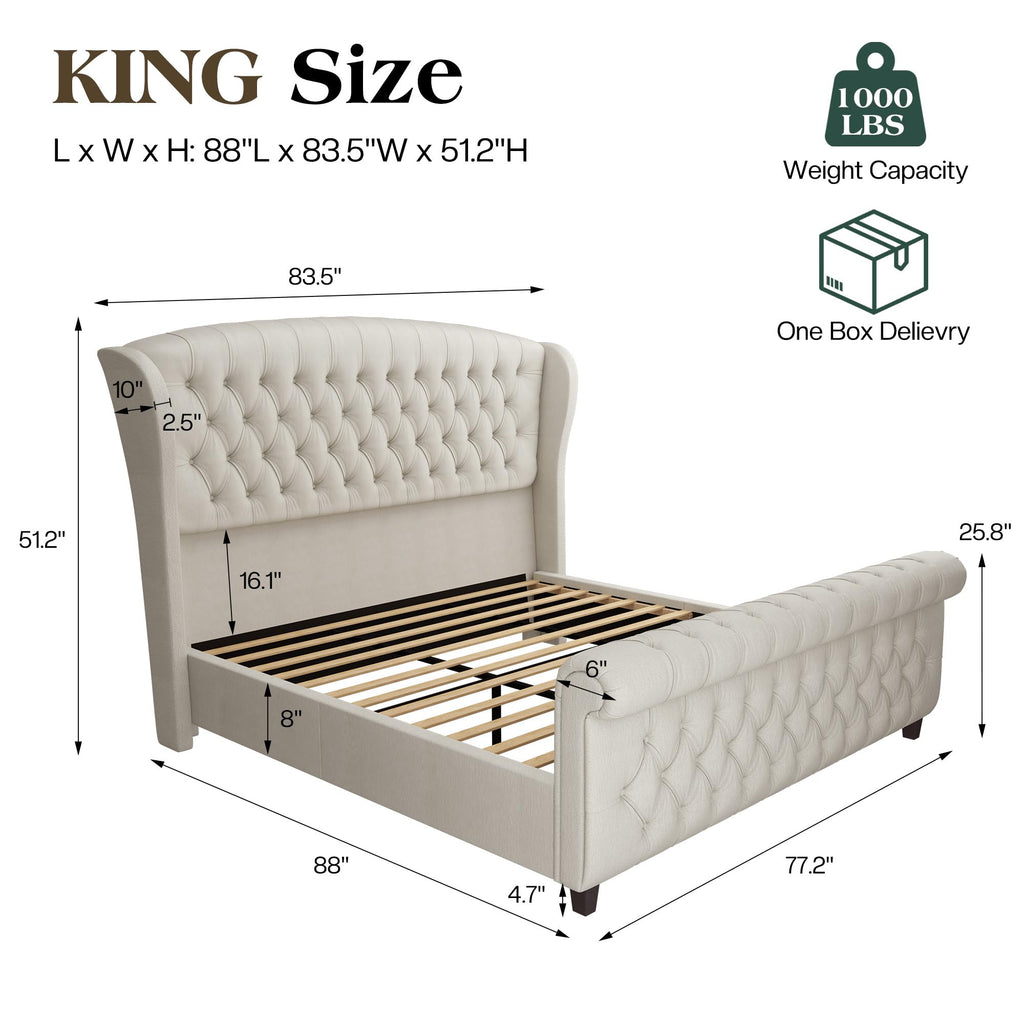 LUXOAK Queen Size Platform Bed Frame, Velvet Upholstered Sleigh Bed with Curved Headboard & Footboard, Deep Button Tufted, Wood Slats Support, No Box Spring Needed, Black