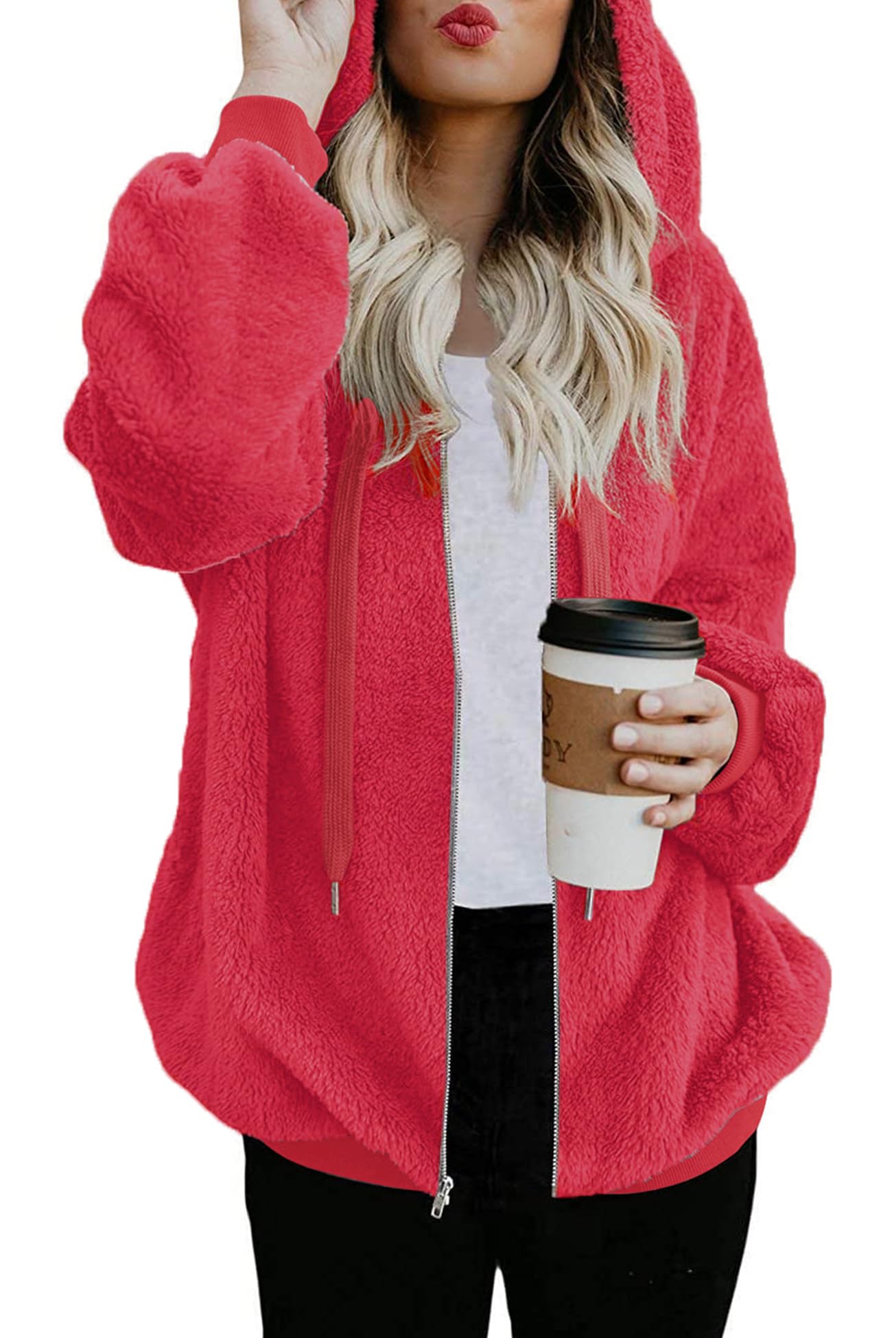 ReachMe Womens Oversized Sherpa Jacket Fuzzy Fleece Zip Up Hoodies with Pockets Warm Fall Outfits Winter Coats