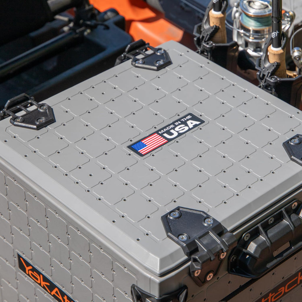 YakAttack BlackPak Pro 13" x 13" Fishing Crate with 3 Rod Holders - Battleship Grey | Compact Tackle Storage Box & Gear Organizer for Kayaks | Lightweight, Durable & Customizable Marine Accessory