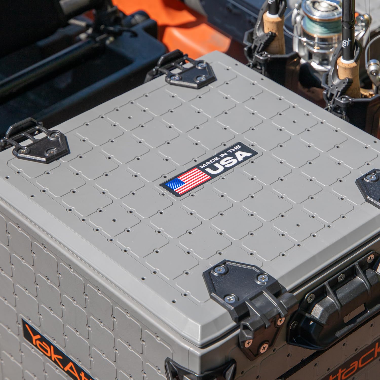 YakAttack BlackPak Pro 13" x 13" Fishing Crate with 3 Rod Holders - Battleship Grey | Compact Tackle Storage Box & Gear Organizer for Kayaks | Lightweight, Durable & Customizable Marine Accessory