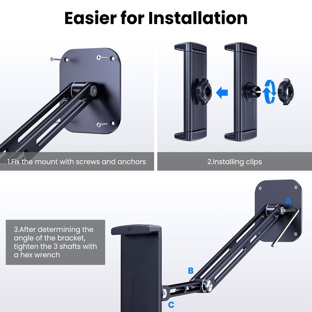 Tablet Wall Mount, Aluminum iPad Wall Mount Holder, 360° Rotation Adjustable Wall Holder Compatible with iPad Pro, Mini, Galaxy Tab, Surface Pro, Kindle, All 4.7-13" Tablets and Phones