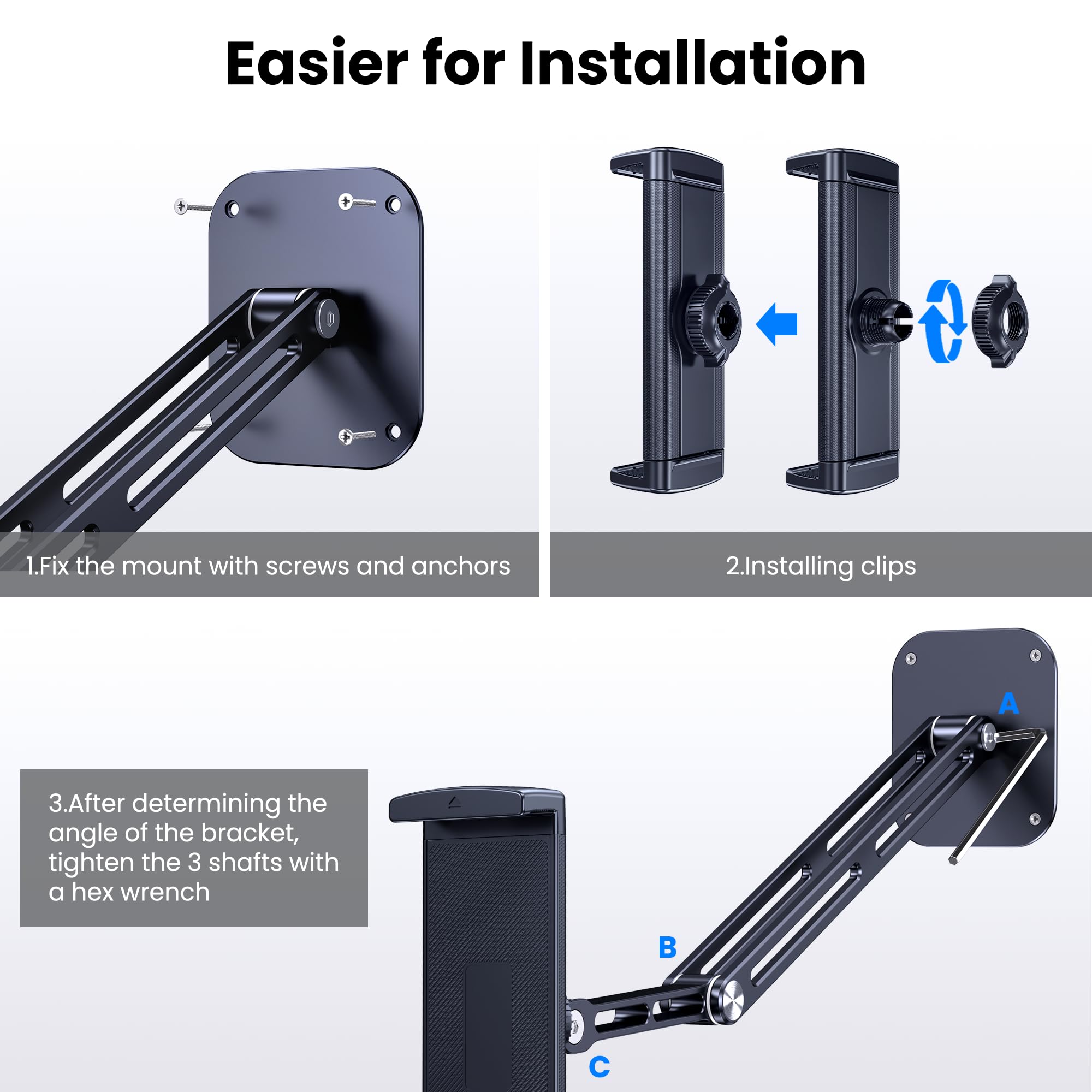 Tablet Wall Mount, Aluminum iPad Wall Mount Holder, 360° Rotation Adjustable Wall Holder Compatible with iPad Pro, Mini, Galaxy Tab, Surface Pro, Kindle, All 4.7-13" Tablets and Phones