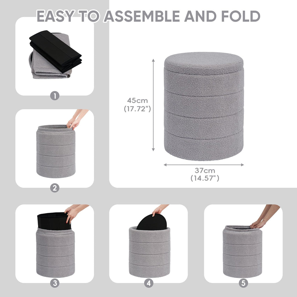 PINPLUS Round Storage Ottoman Foot Rest Stool with Tray Velvet Sherpa Folding Storage Ottoman,Boucle Foot Rest for Living Room, Bedroom, Dorm（Beige）