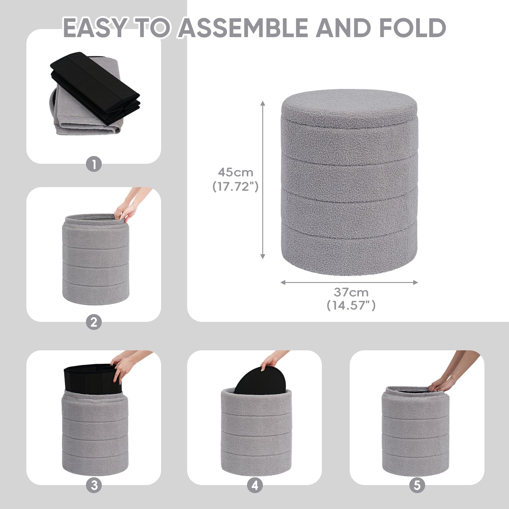 PINPLUS Round Storage Ottoman Foot Rest Stool with Tray Velvet Sherpa Folding Storage Ottoman,Boucle Foot Rest for Living Room, Bedroom, Dorm（Beige）
