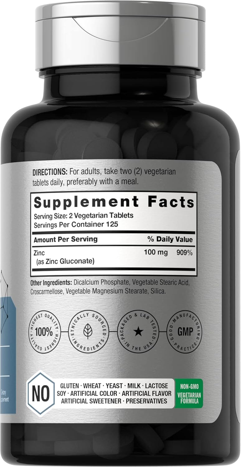 Horbäach Chelated Zinc Supplement 100mg | 250 Tablets | High Potency & Superior Absorption | Vegetarian, Non-GMO, Gluten Free