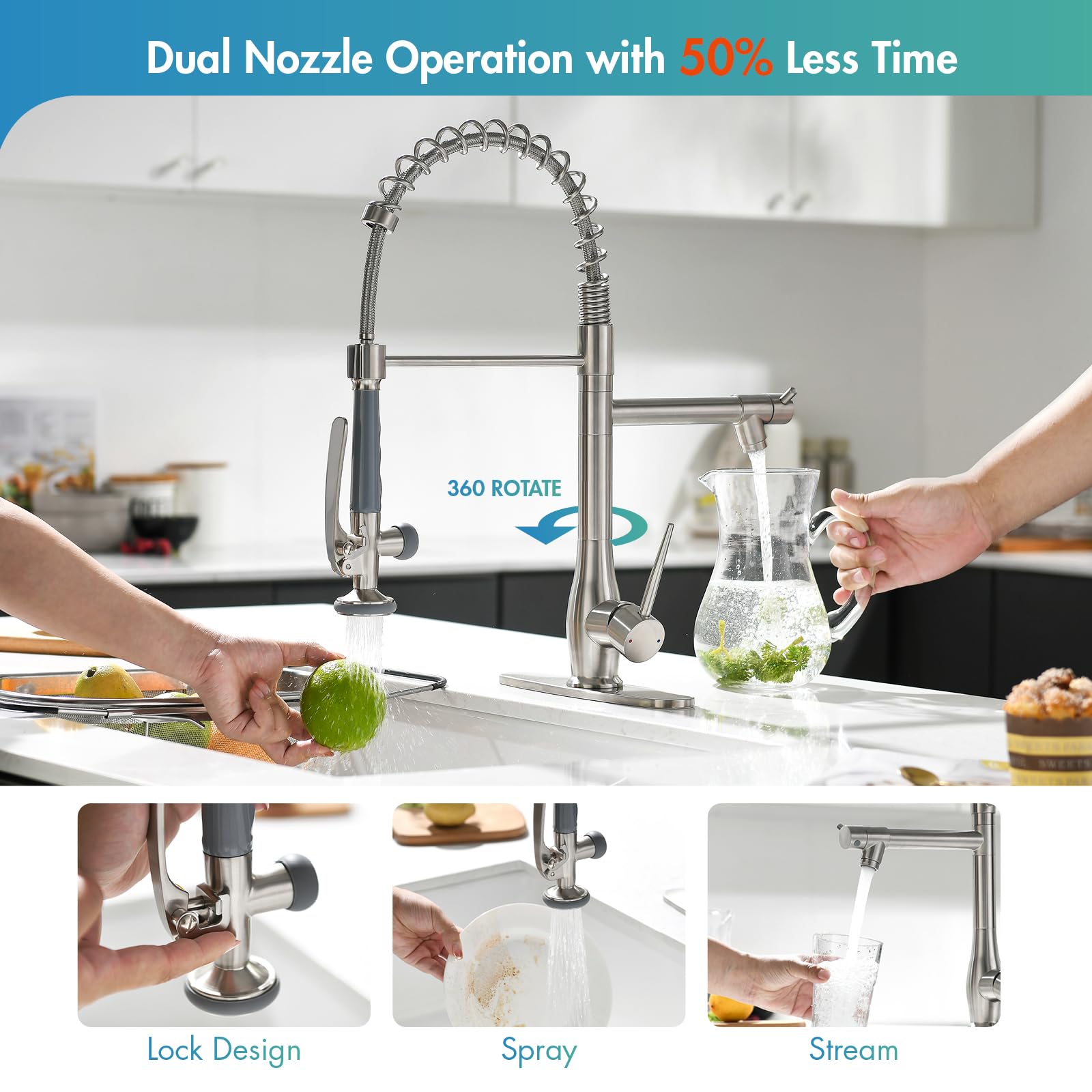 GIMILI Black and Gold Kitchen Faucet with Pull Down Sprayer Single Handle High Pressure Kitchen Sink Faucet Commercial Double-Headed Stainless Steel Kitchen Faucets