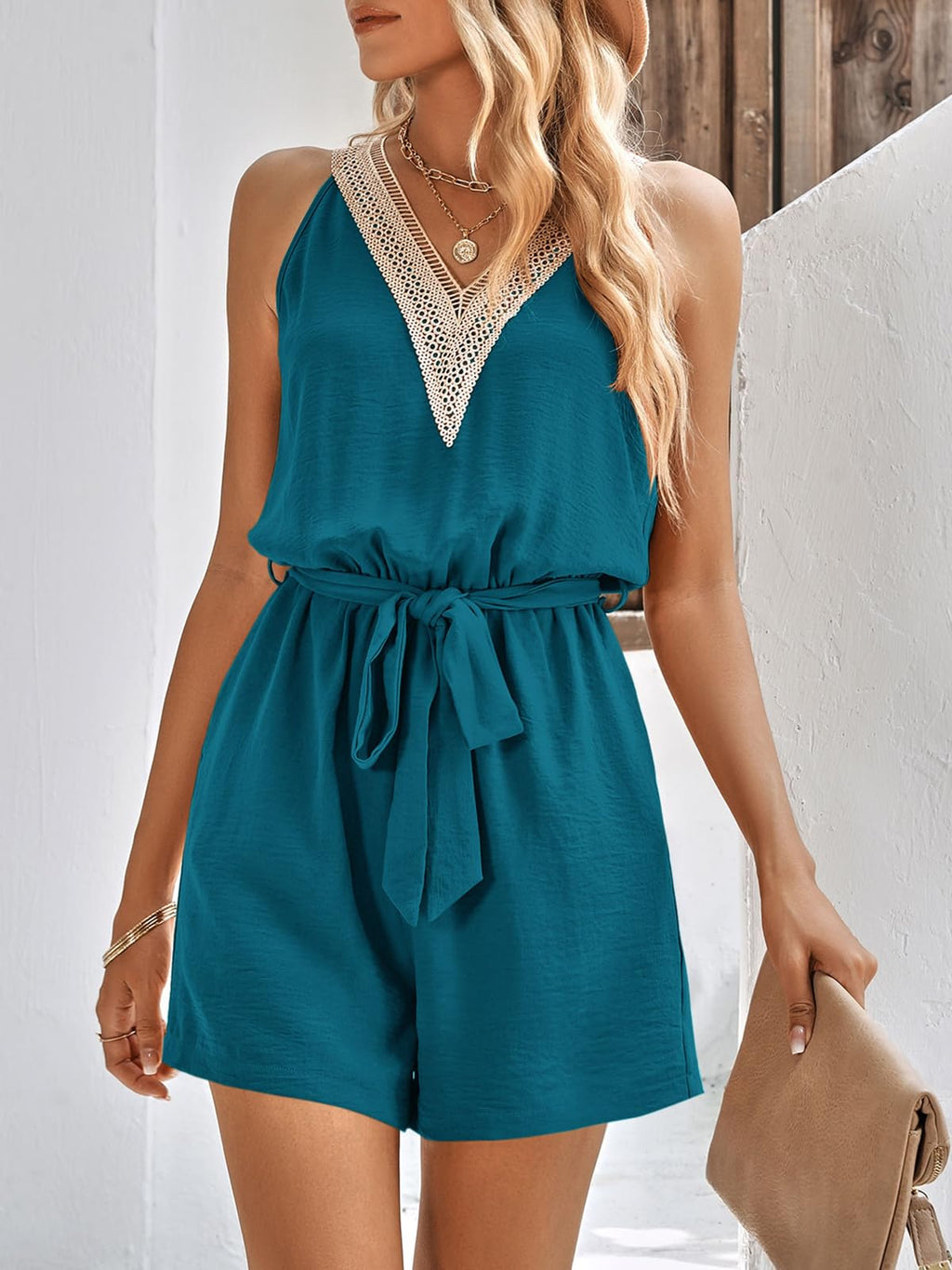 PRETTYGARDEN Rompers For Women Summer Casual Sleeveless V Neck Belted One Piece Outfits Short Overalls Jumpsuit With Pockets