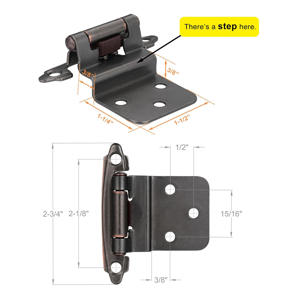 4 Pack (2 Pairs) Antique Brass Self Closing Cabinet Hinges for Kitchen Cabinet Door, 1/2" Overlay (Variable) Semi Concealed Kitchen Cabinet Hinges