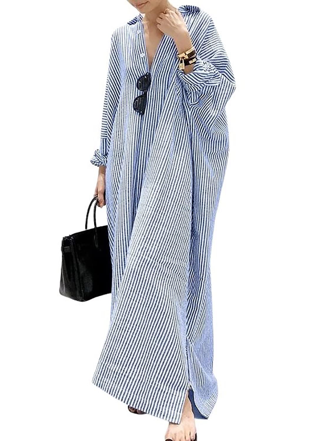 utcoco Womens Striped Long Sleeve Dress Casual Loose Button Down Cotton Maxi Shirt Dress