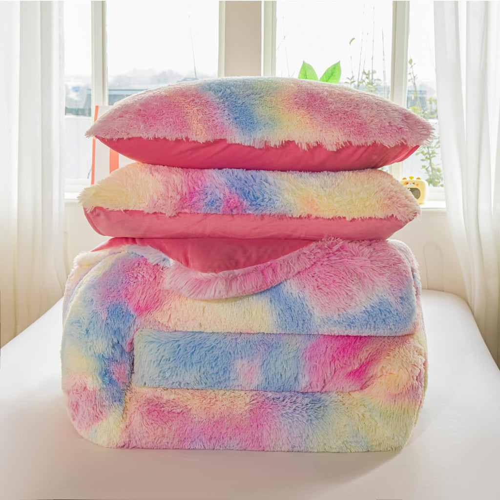 Faux Fur Kids Girls Purple Rainbow Comforter Sets Twin/Full - 3PC Bed Set Warm Comfortable Soft Plush Flannel Velvet Fluffy Fuzzy Bedding（Comforter x 1 Pillowcases x 2）