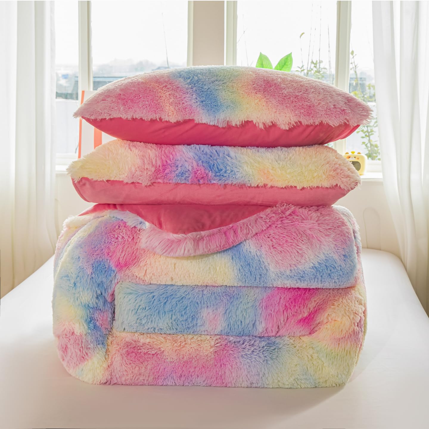 Faux Fur Kids Girls Purple Rainbow Comforter Sets Twin/Full - 3PC Bed Set Warm Comfortable Soft Plush Flannel Velvet Fluffy Fuzzy Bedding（Comforter x 1 Pillowcases x 2）