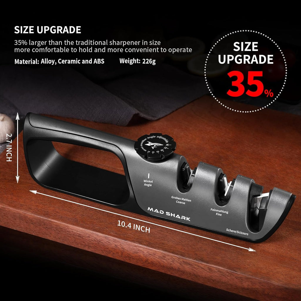 MAD SHARK 1-Button 3-Stage Knife Sharpener - Adjustable Diamond & Ceramic, No-Scratch ABS Body for All Kitchen/Pocket Knives,Repairs, Sharpens & Polishes,One-Handed Operation with Non-Slip Base