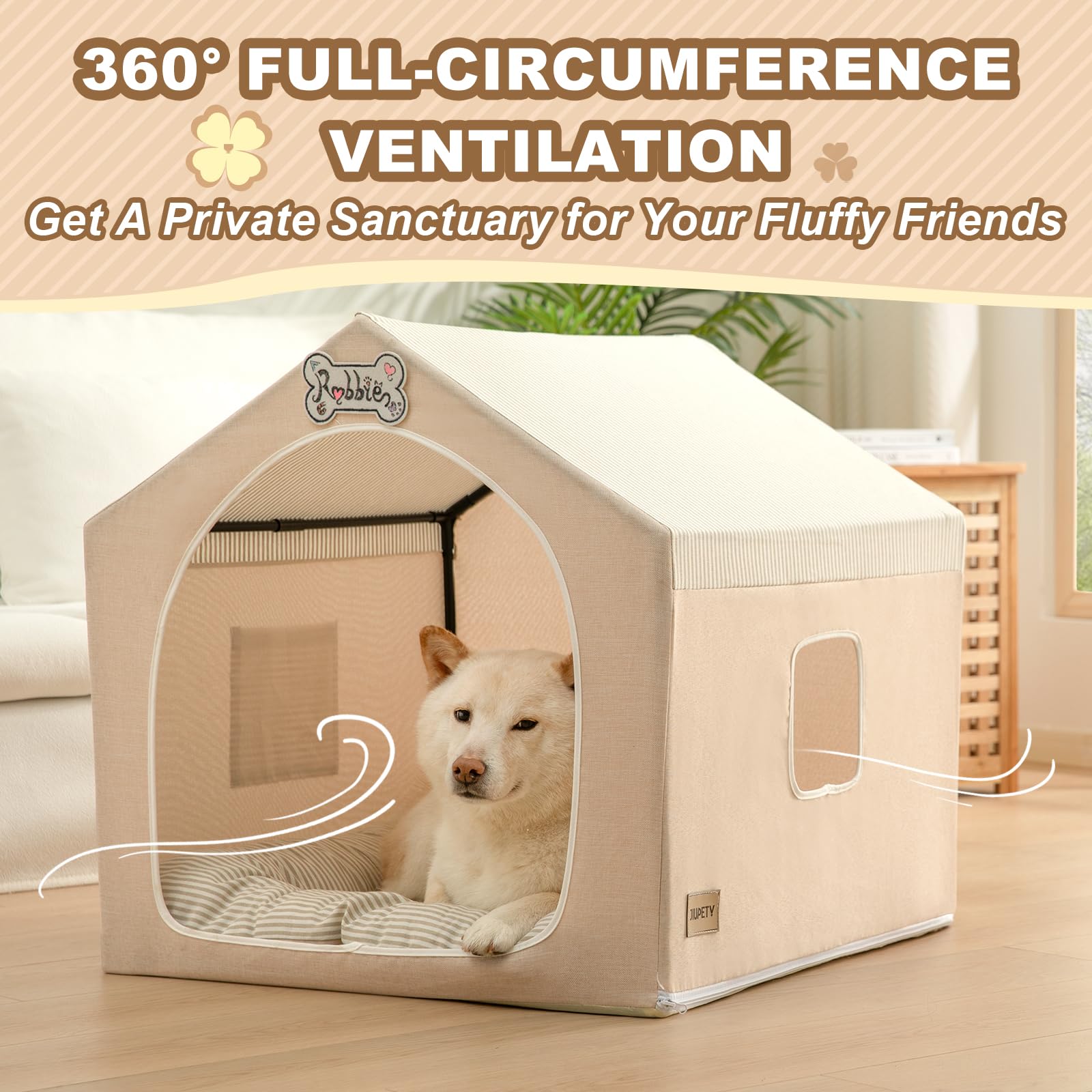 Jiupety Indoor Dog House with Frame, Cute Dog Tent Bed with Cover Cave, Breathable, Washable, and Foldable House, Suitable for 10-20 Lb Puppy and Cats, Medium (17"×17"×17"), Beige