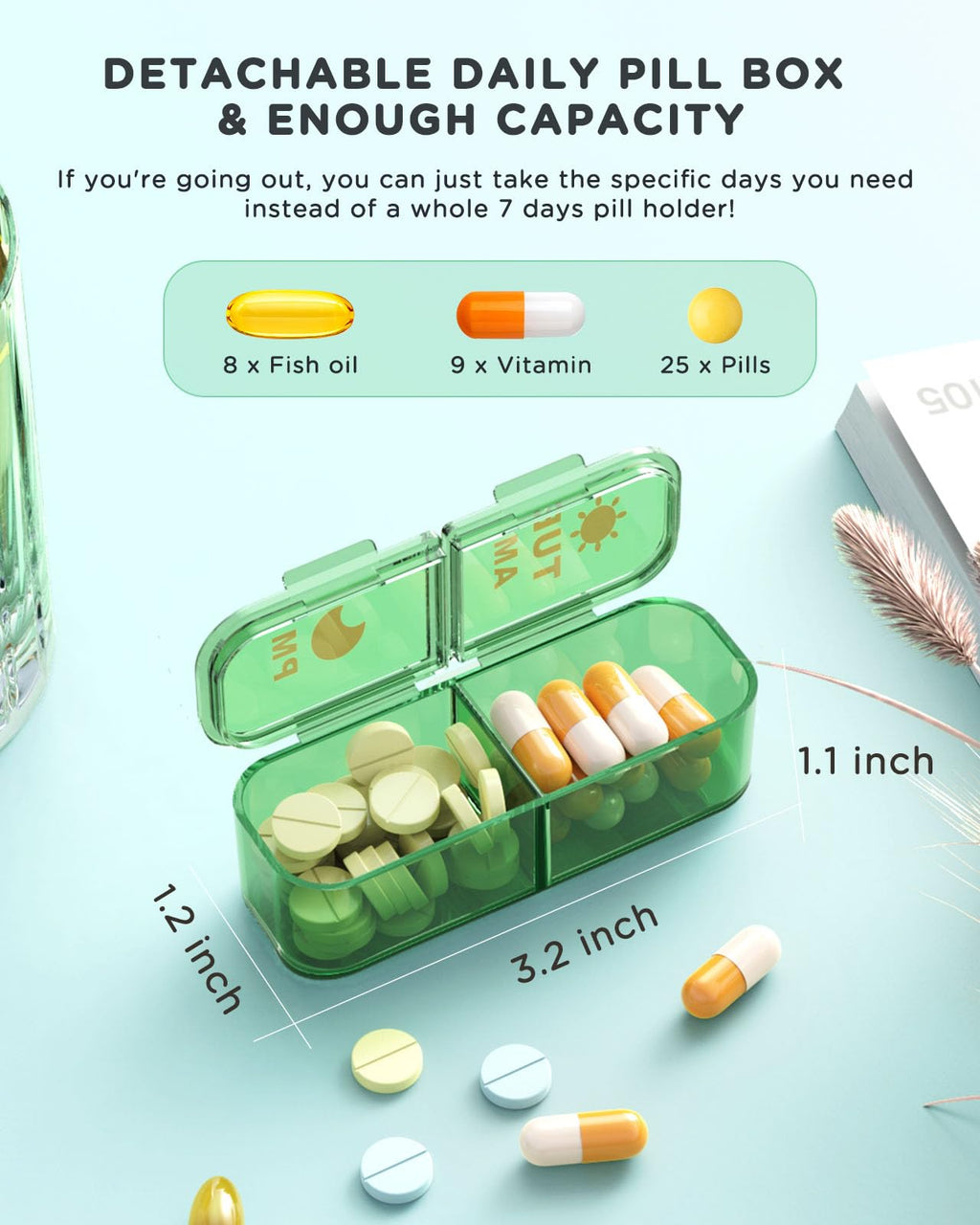Pill Organizer 2 Times A Day, 7 Day Am Pm Pill Box - Acedada Weekly Pill Organizer Twice A Day, Portable Removable Daily Medicine Container Dispenser Case for Vitamin Fish Oil Supplement, Black Grey