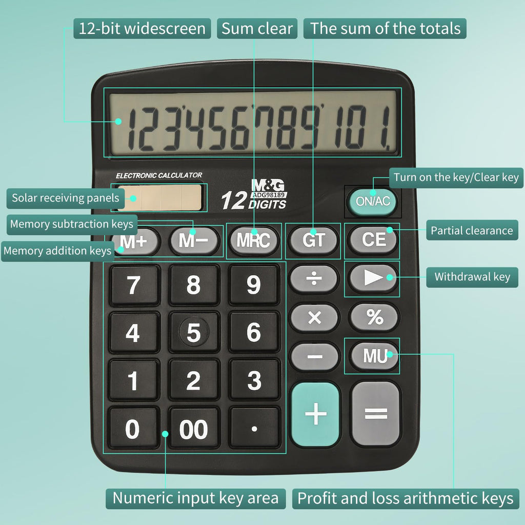 M&G Desk Calculator 12 Digit Extra Large LCD Display, Dual Solar Power and Battery, Accounting Calculator with Big Button, Battery Include, Perfect for Office Business Home Daily Use