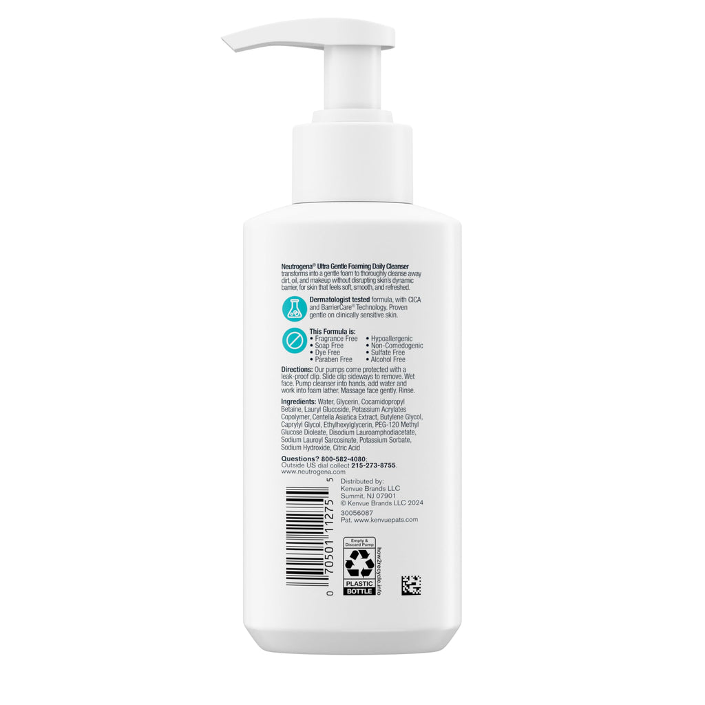 Neutrogena Ultra Gentle Foaming Facial Cleanser, Fragrance Free Hydrating Face Wash for Sensitive Skin, Daily Non Over Drying Makeup Remover, Hypoallergenic, Soap & Dye Free, Non-Comedogenic, 16 Fl Oz