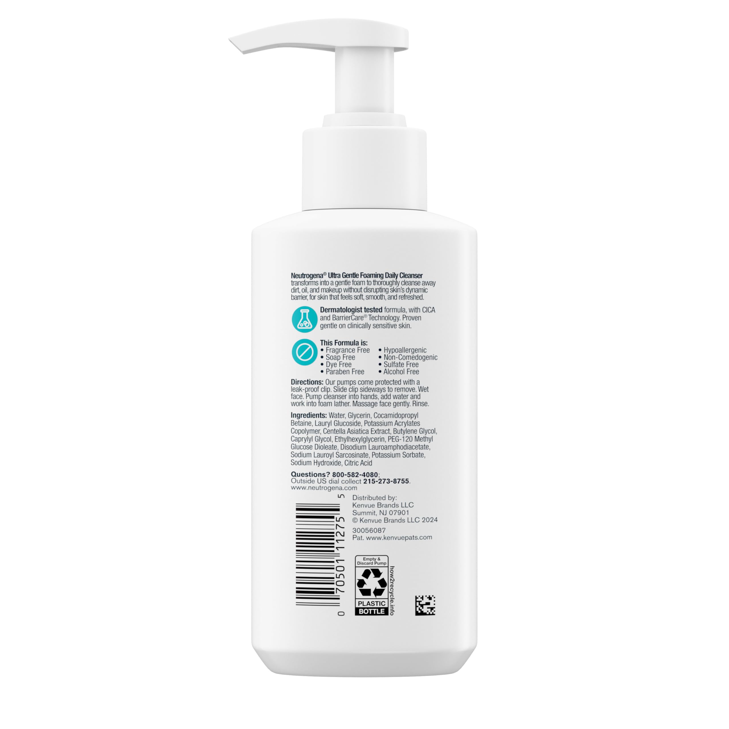 Neutrogena Ultra Gentle Foaming Facial Cleanser, Fragrance Free Hydrating Face Wash for Sensitive Skin, Daily Non Over Drying Makeup Remover, Hypoallergenic, Soap & Dye Free, Non-Comedogenic, 16 Fl Oz